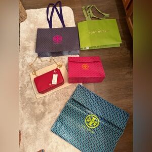 Tory Burch Red Leather Chain Wristlet with Gold Chain